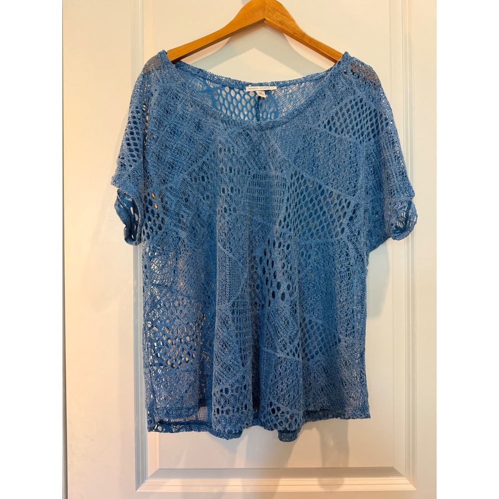 Maria Gabrielle Blue Crochet Knit Top Short Sleeve Open Weave Mesh Plus Size 2X